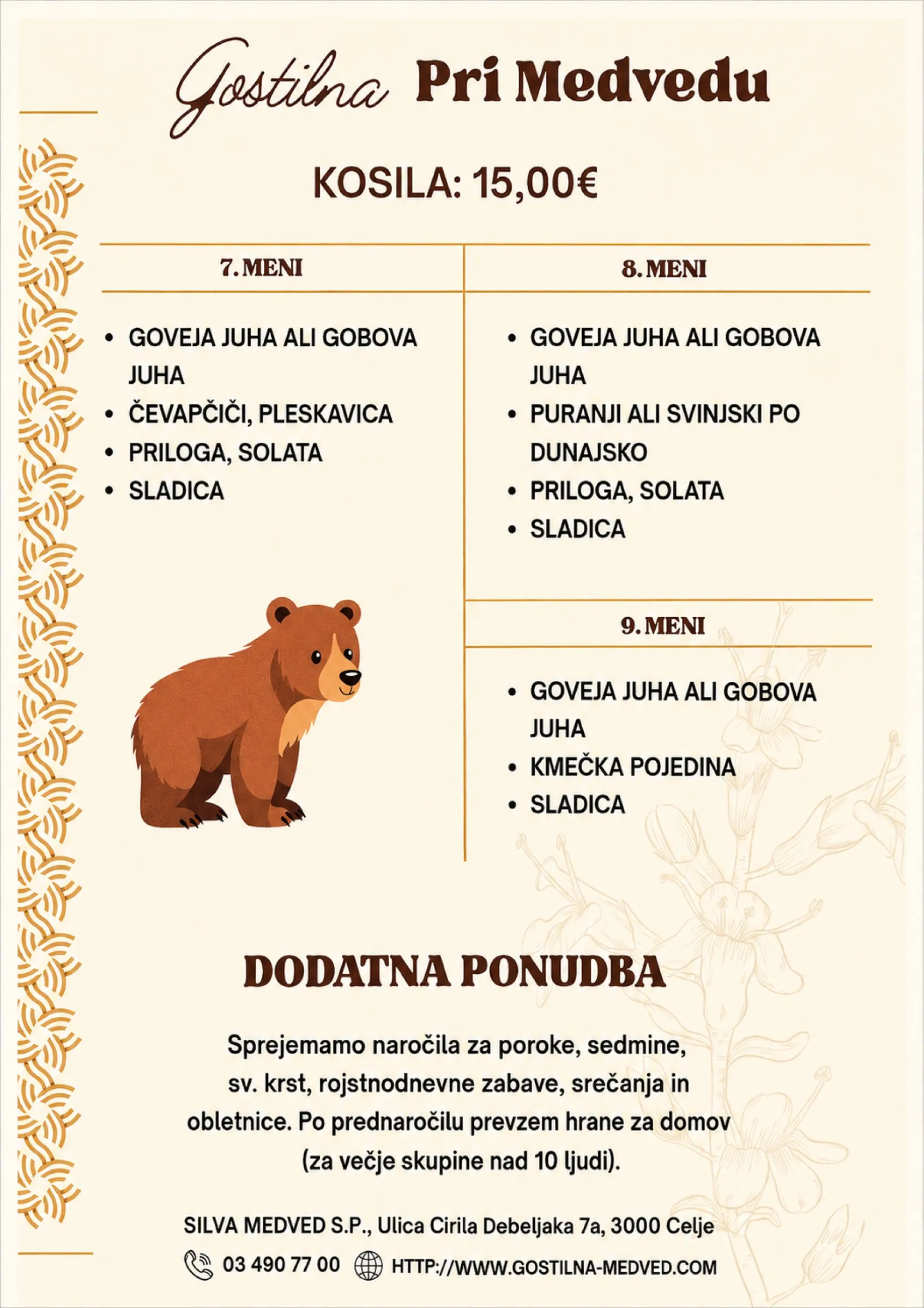 Jedilnik kosil Gostilne pri Medvedu: meni 7, meni 8, meni 9 in dodatna ponudba.